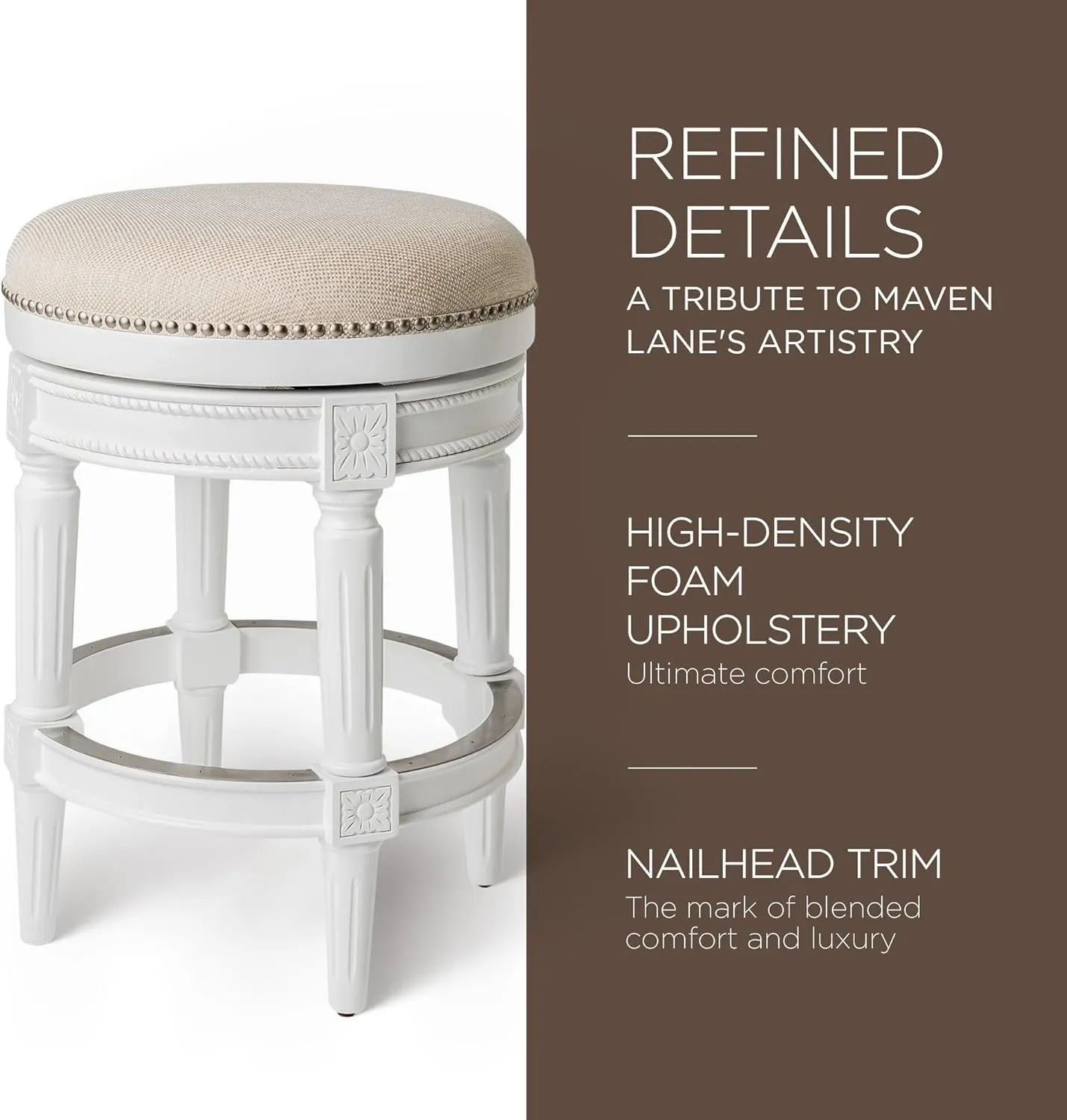 Maven Lane Pullman 26 Inch Tall Backless Alabaster White Finish Counter Height Upholstered Barstool with Cream Fabric Cushion Seat