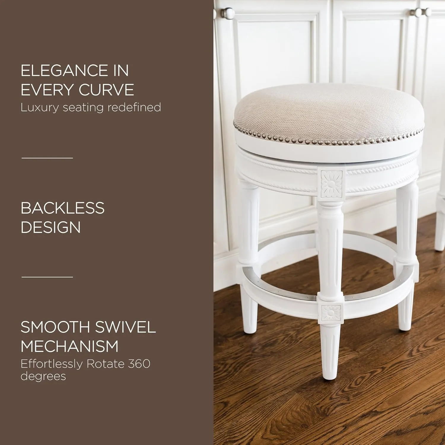Maven Lane Pullman 26 Inch Tall Backless Alabaster White Finish Counter Height Upholstered Barstool with Cream Fabric Cushion Seat