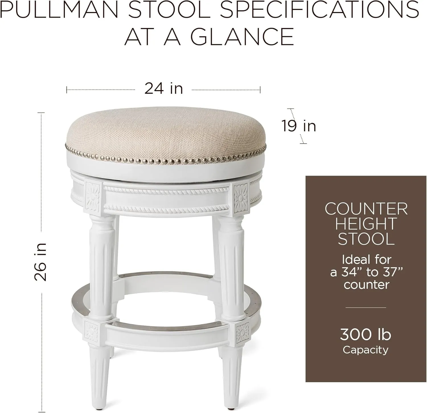 Maven Lane Pullman 26 Inch Tall Backless Alabaster White Finish Counter Height Upholstered Barstool with Cream Fabric Cushion Seat