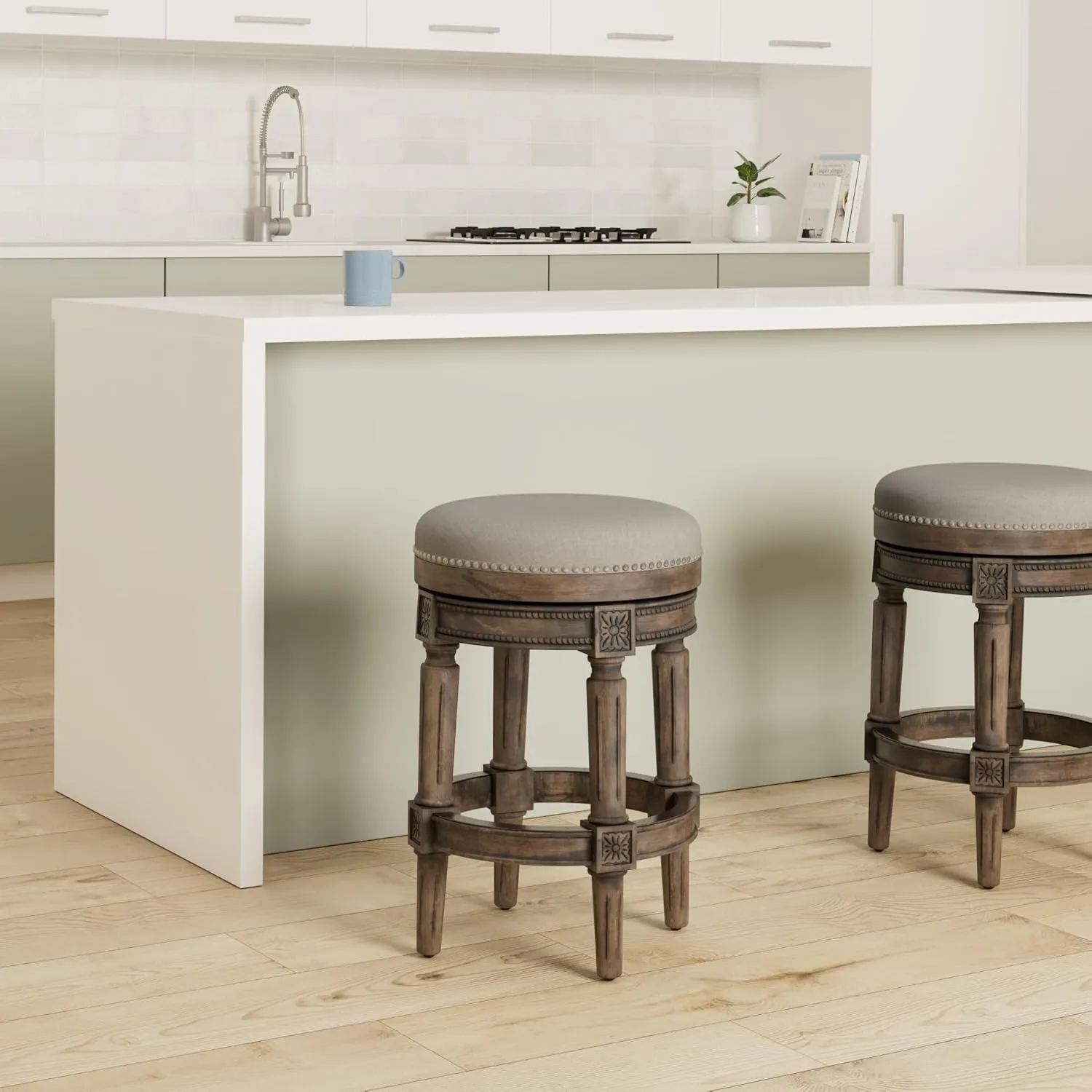 Maven Lane Pullman 26 Inch Tall Backless Reclaimed Oak Finish Counter Height Upholstered Barstool with Ash Grey Fabric Cushion Seat