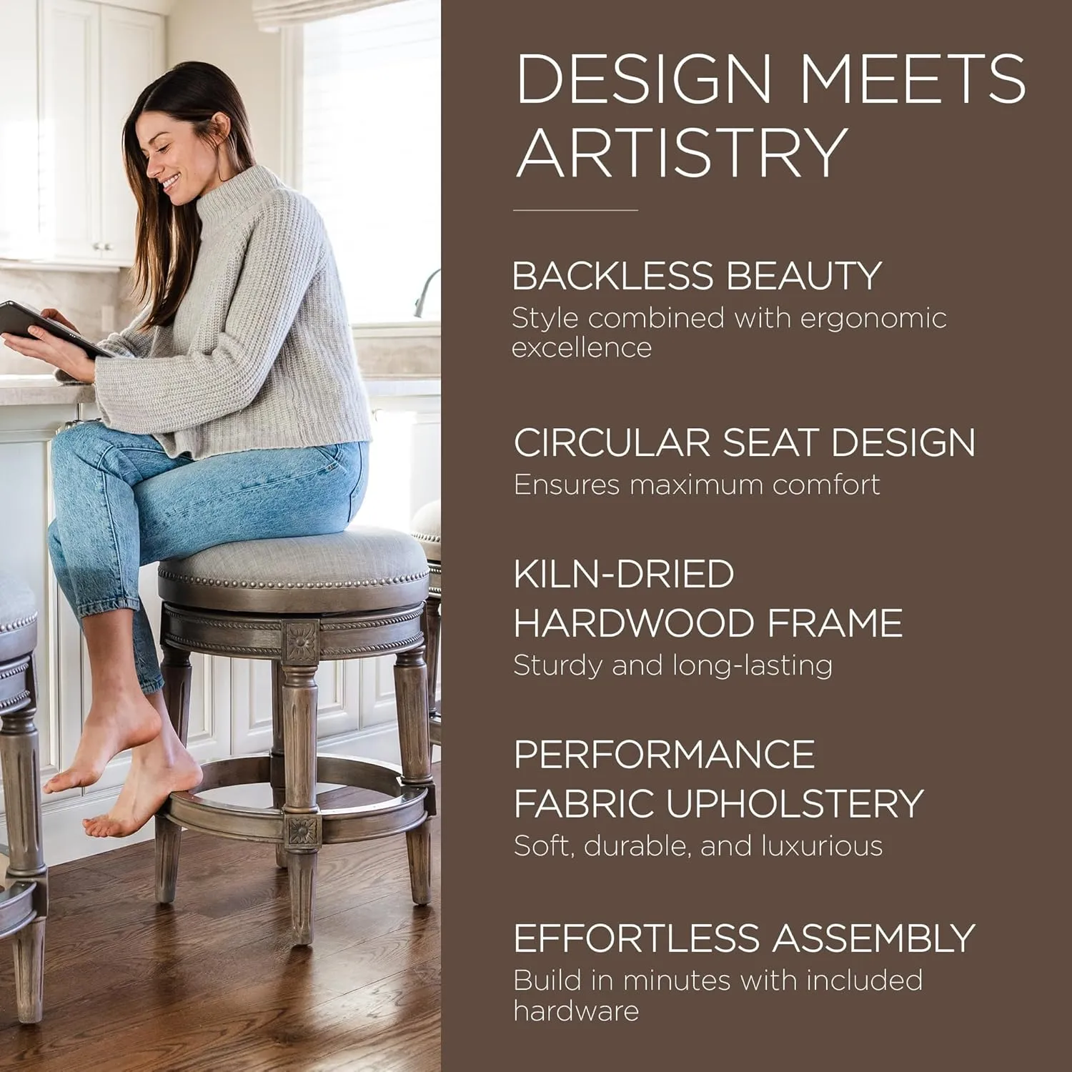 Maven Lane Pullman 26 Inch Tall Backless Reclaimed Oak Finish Counter Height Upholstered Barstool with Ash Grey Fabric Cushion Seat