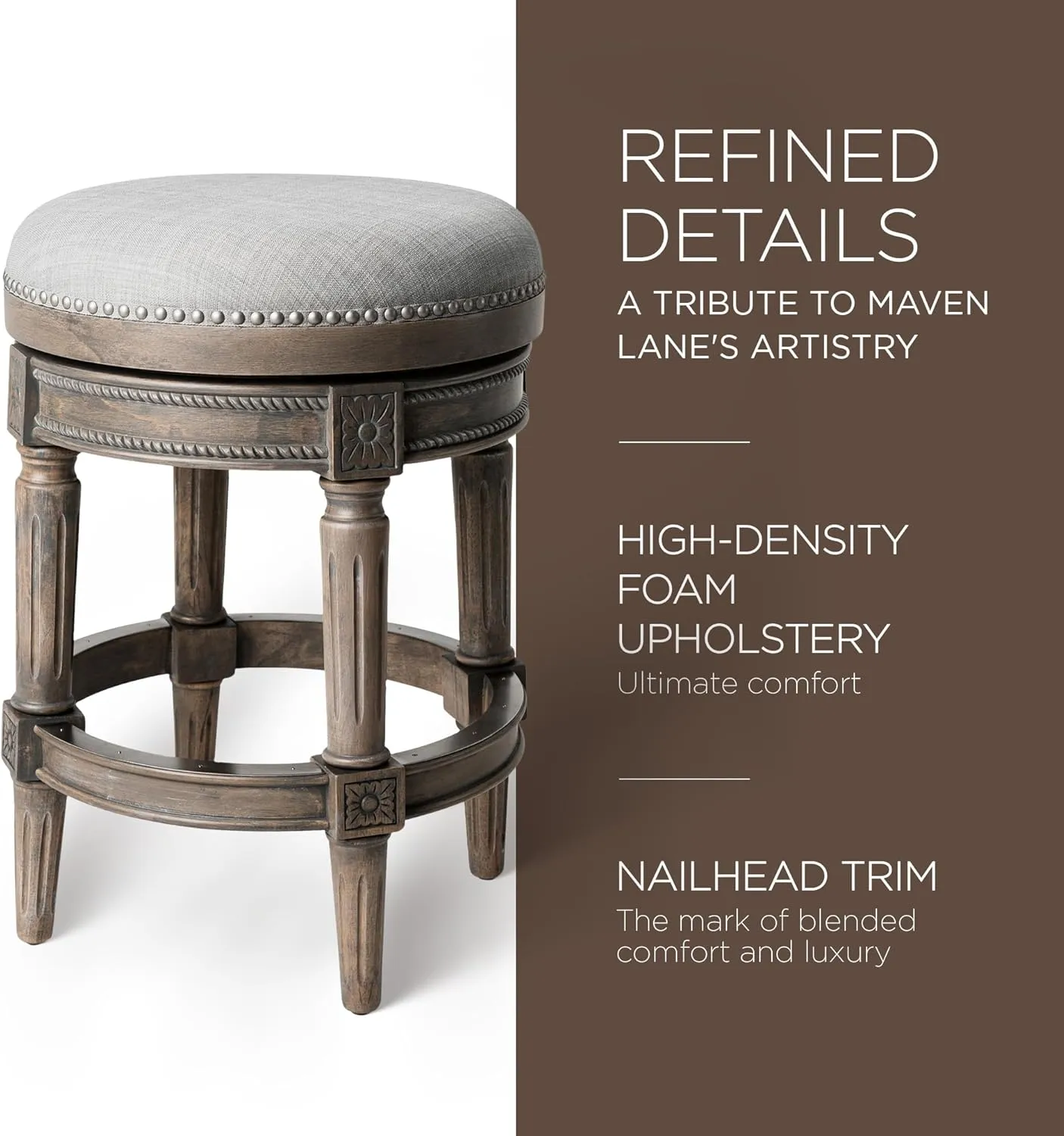 Maven Lane Pullman 26 Inch Tall Backless Reclaimed Oak Finish Counter Height Upholstered Barstool with Ash Grey Fabric Cushion Seat