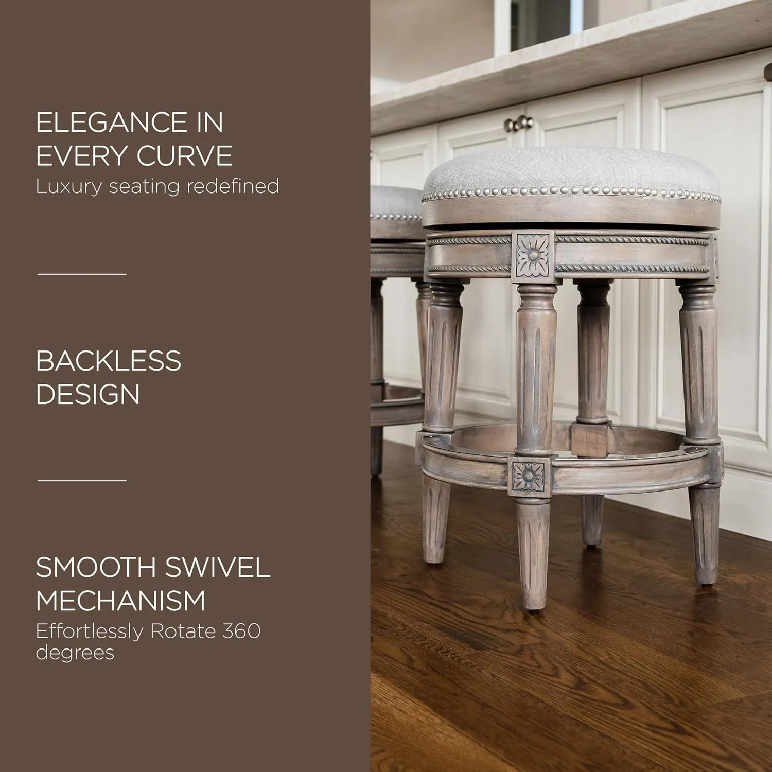 Maven Lane Pullman 26 Inch Tall Backless Reclaimed Oak Finish Counter Height Upholstered Barstool with Ash Grey Fabric Cushion Seat