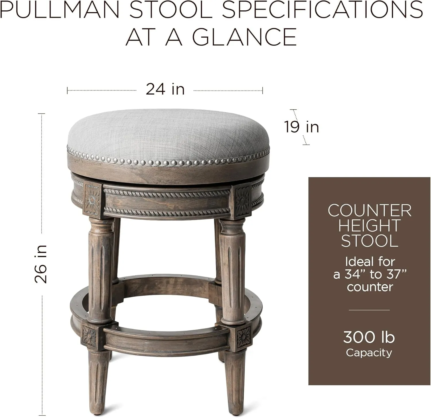 Maven Lane Pullman 26 Inch Tall Backless Reclaimed Oak Finish Counter Height Upholstered Barstool with Ash Grey Fabric Cushion Seat