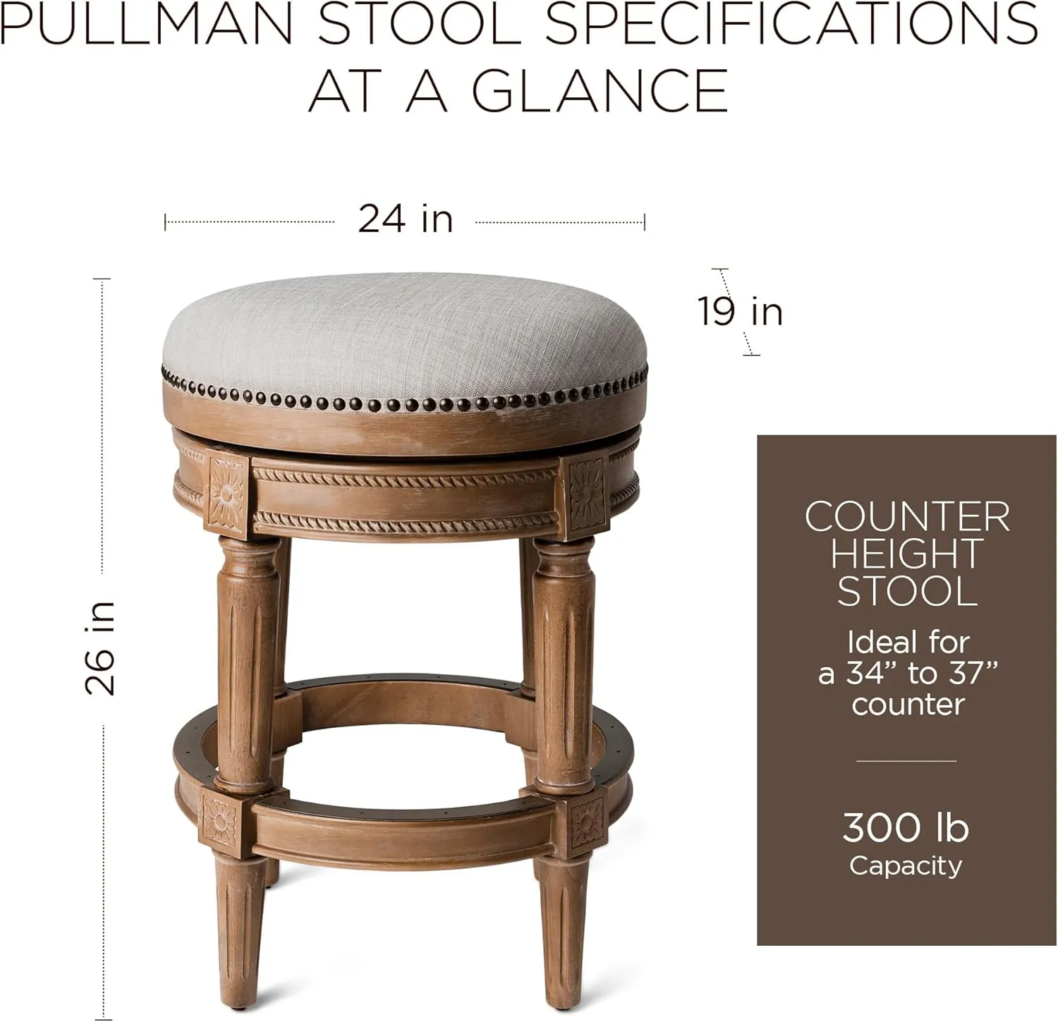 Maven Lane Pullman 26 Inch Tall Backless Weathered Oak Finish Counter Height Upholstered Barstool with Sand Color Fabric Cushion Seat