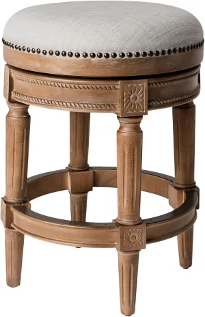 Maven Lane Pullman 26 Inch Tall Backless Weathered Oak Finish Counter Height Upholstered Barstool with Sand Color Fabric Cushion Seat