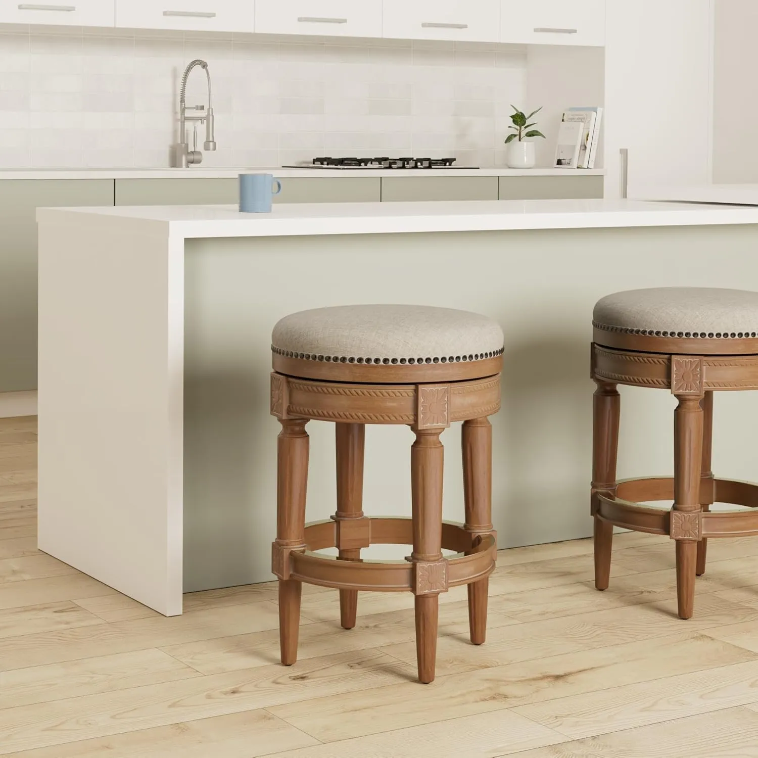 Maven Lane Pullman 26 Inch Tall Backless Weathered Oak Finish Counter Height Upholstered Barstool with Sand Color Fabric Cushion Seat
