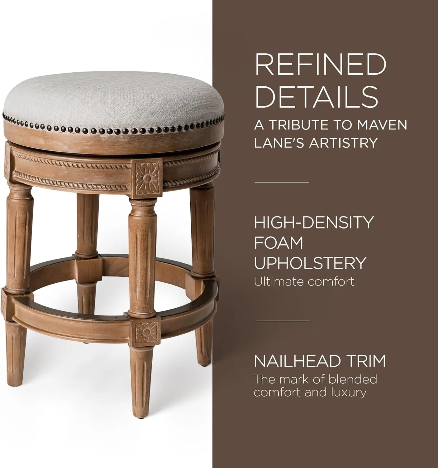 Maven Lane Pullman 26 Inch Tall Backless Weathered Oak Finish Counter Height Upholstered Barstool with Sand Color Fabric Cushion Seat