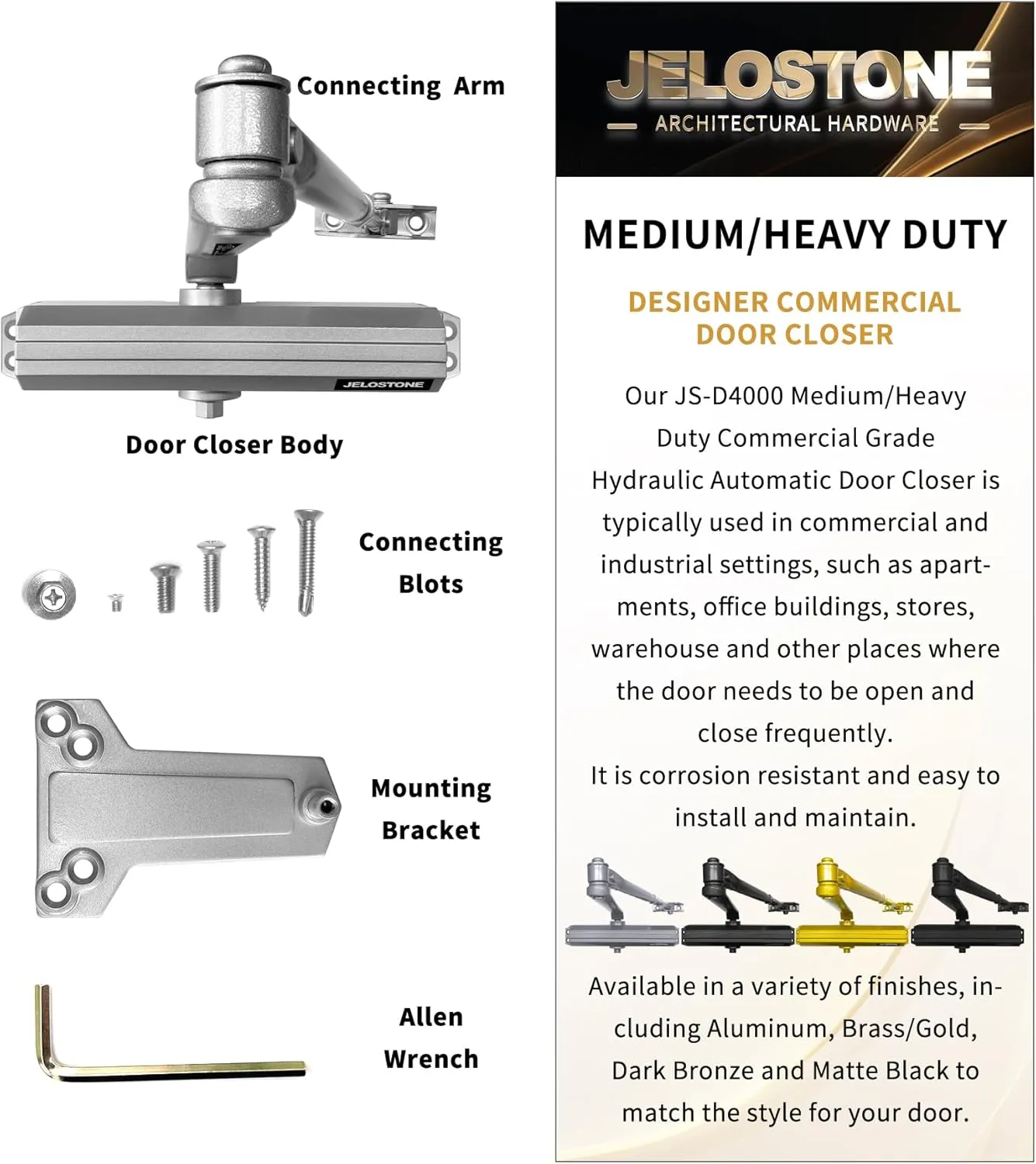Medium/Heavy Duty, Commercial Door Closer D4000, ANSI Grade 1, UL 3 Hour Fire Rated, ADA Compliant, Adjustable Spring Size 1-6 for Doors (44-330lb, 30-60 in), Indoor/Outdoor (Aluminum)