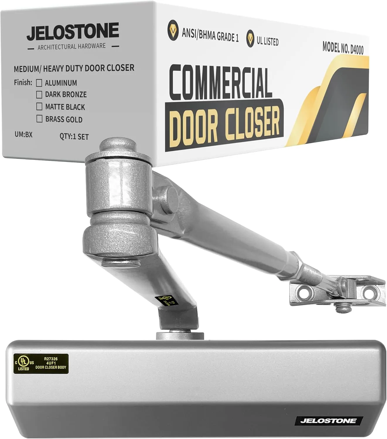 Medium/Heavy Duty, Commercial Door Closer D4000, ANSI Grade 1, UL 3 Hour Fire Rated, ADA Compliant, Adjustable Spring Size 1-6 for Doors (44-330lb, 30-60 in), Indoor/Outdoor (Aluminum)