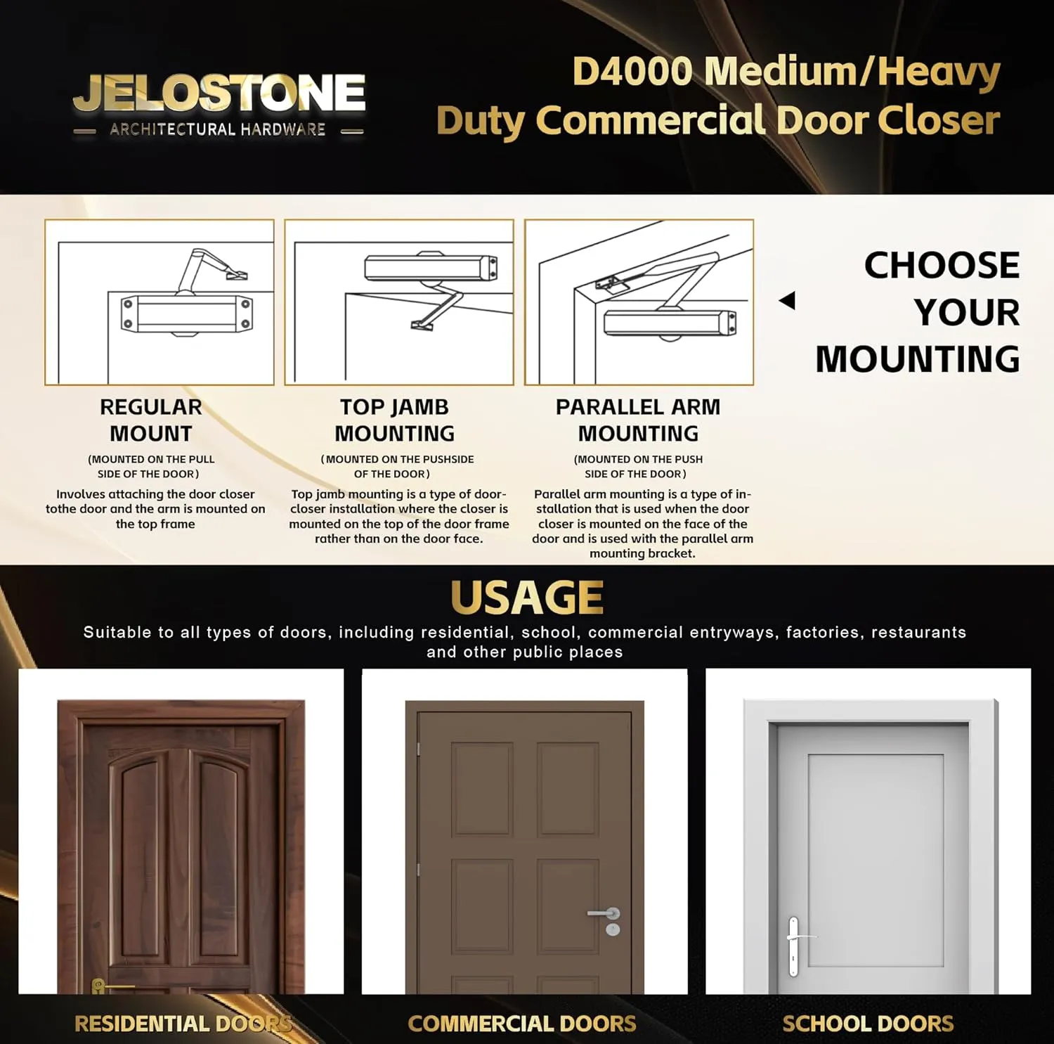 Medium/Heavy Duty, Commercial Door Closer D4000, ANSI Grade 1, UL 3 Hour Fire Rated, ADA Compliant, Adjustable Spring Size 1-6 for Doors (44-330lb, 30-60 in), Indoor/Outdoor (Aluminum)