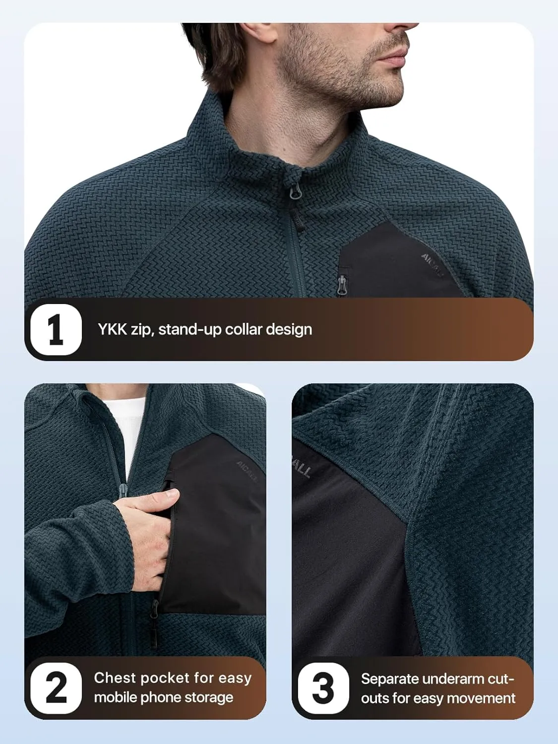 Men's AIR Full Zip Wave-textured Lightweight Fleece Jacket Breathable Spring Jacket for Outdoor Hiking Camping