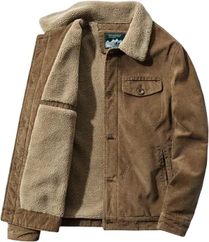 Mens Corduroy Jacket Sherpa Lined Trucker Cotton Lapel Collar Button Down Jackets Warm Winter Casual Work Padded Coat