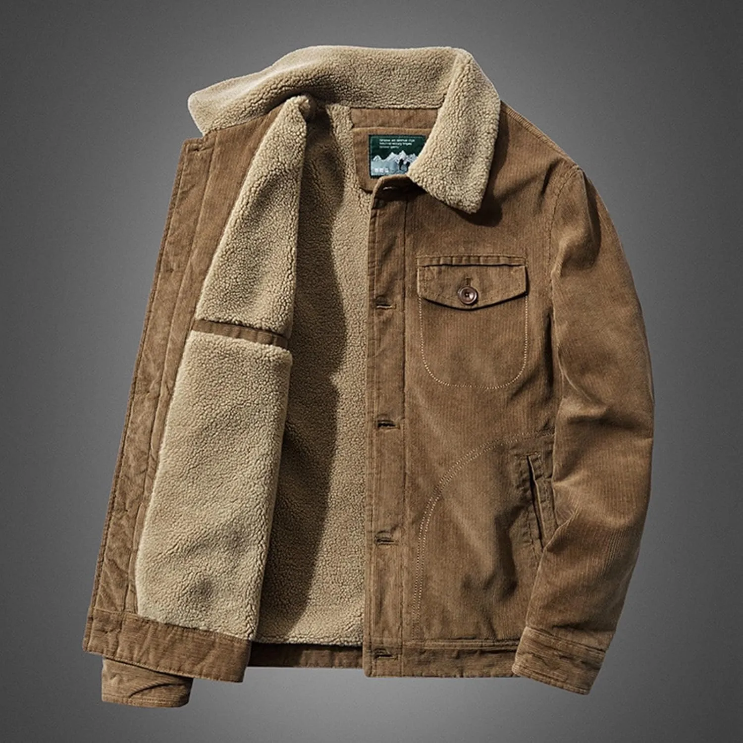 Mens Corduroy Jacket Sherpa Lined Trucker Cotton Lapel Collar Button Down Jackets Warm Winter Casual Work Padded Coat
