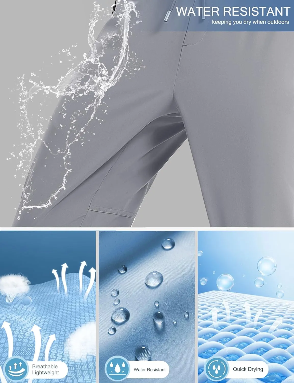 Men's Hiking Pants Lightweight Quick-Drying Waterproof Athletic Joggers Pants with Pockets Walkout Sweatpants