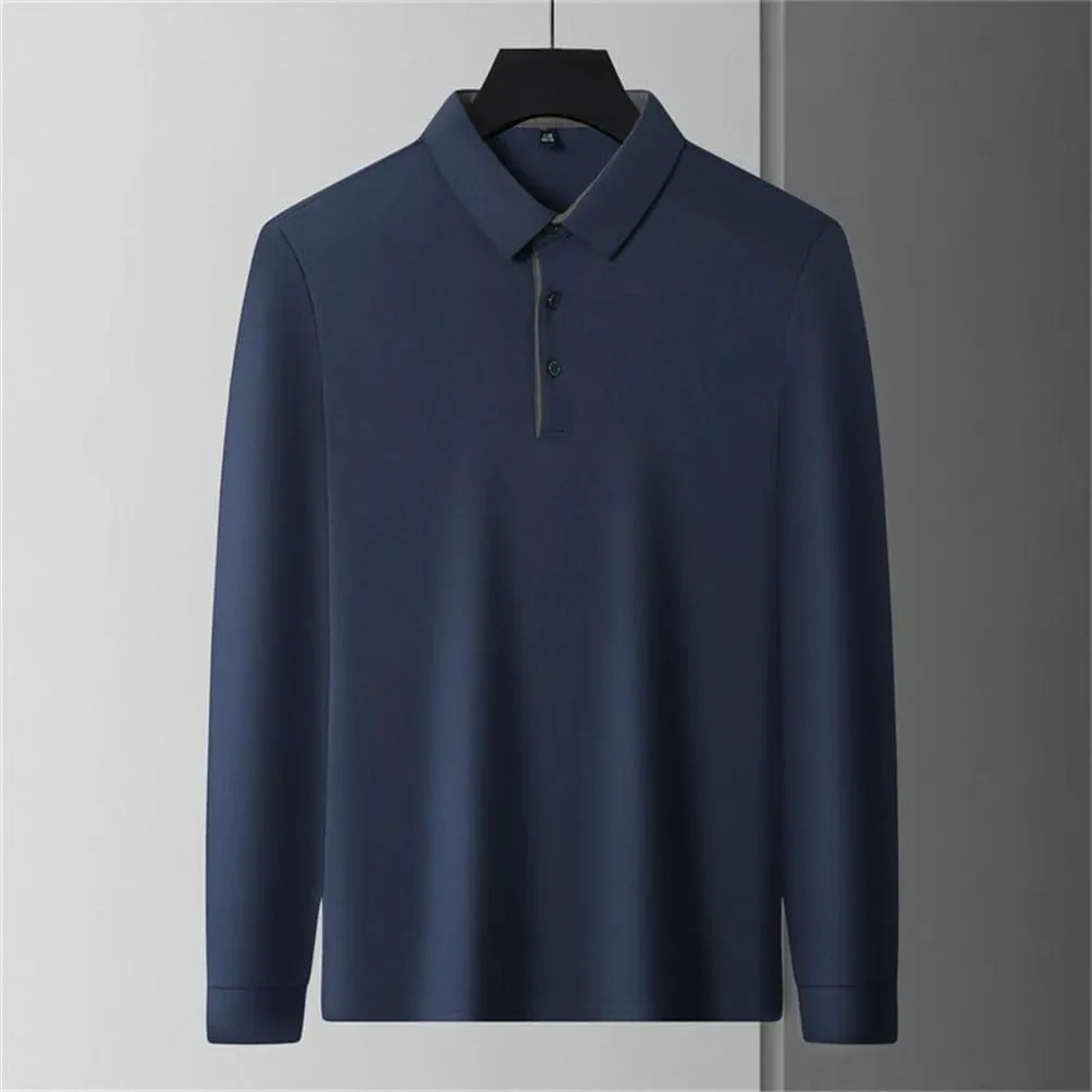 Men's Office Golf Business Casual Long Sleeve Solid Color Polo Shirt Warm Four Seasons Top