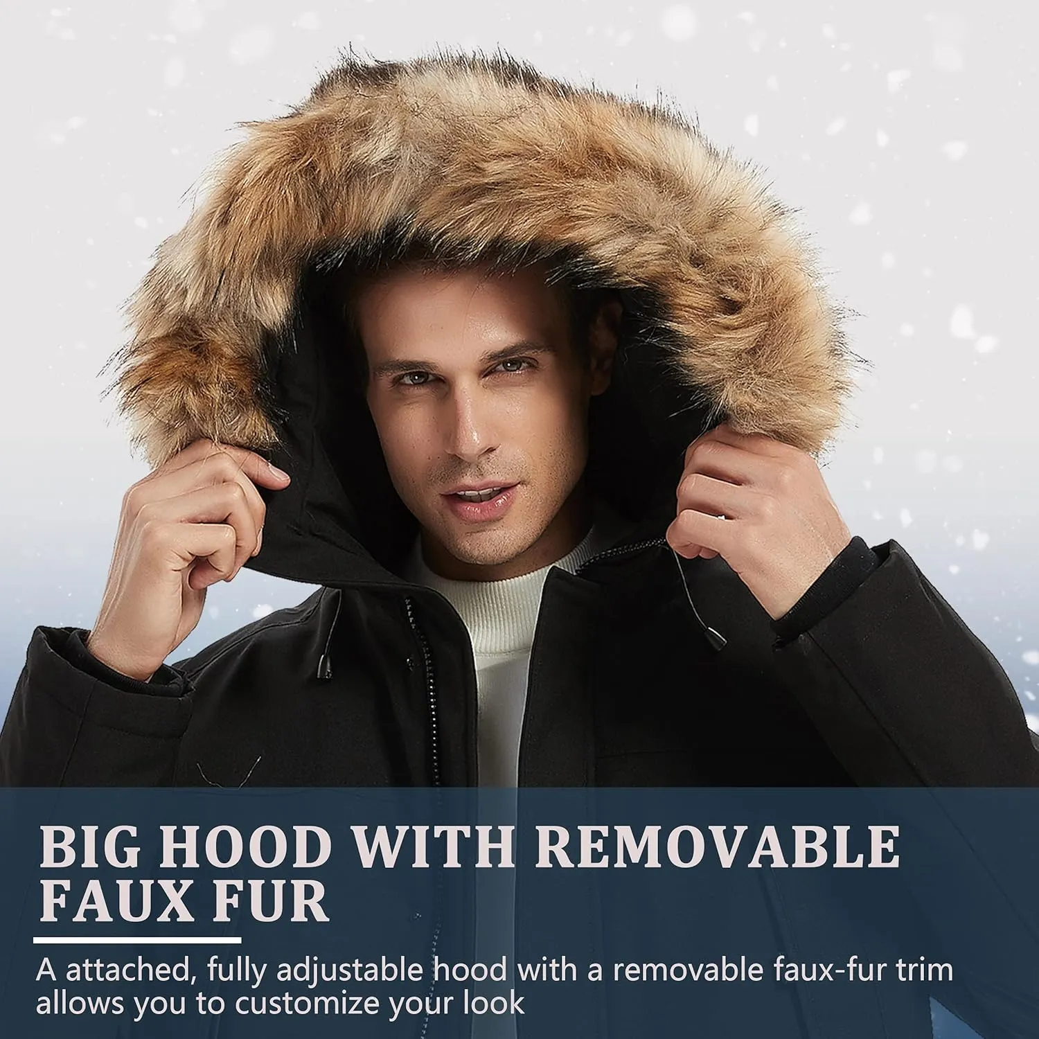 Men's Vegan Down Winter Jacket Mountain Thicken Lined Fur Hooded Long Anorak Parka Padded Coat XS-3XL