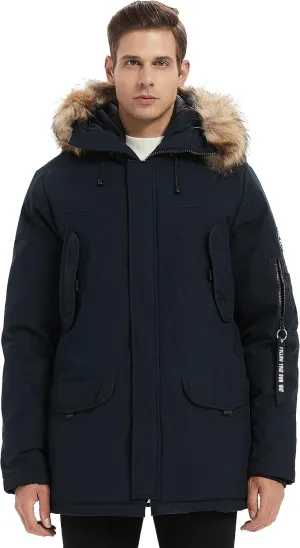 Men's Vegan Down Winter Jacket Mountain Thicken Lined Fur Hooded Long Anorak Parka Padded Coat XS-3XL