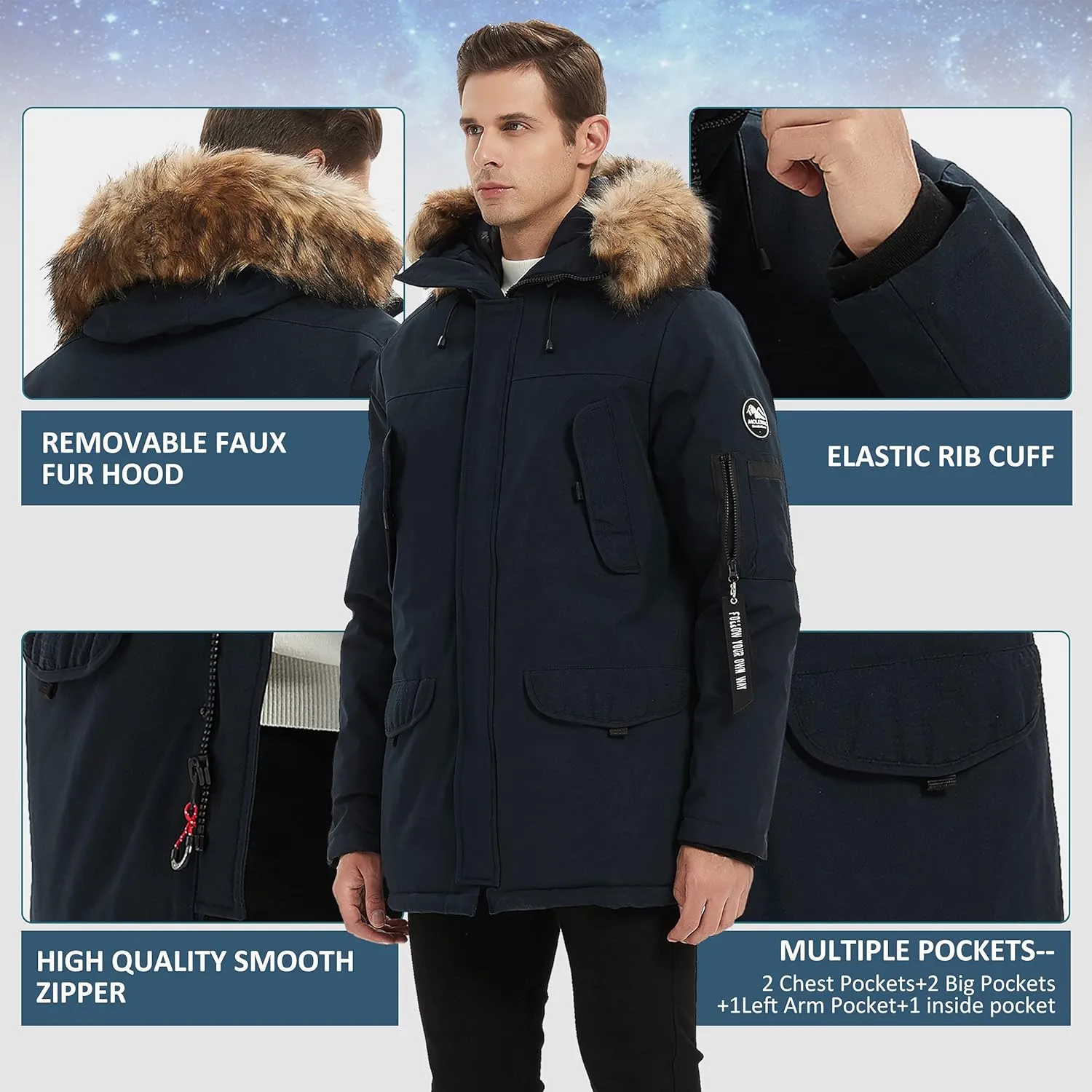 Men's Vegan Down Winter Jacket Mountain Thicken Lined Fur Hooded Long Anorak Parka Padded Coat XS-3XL