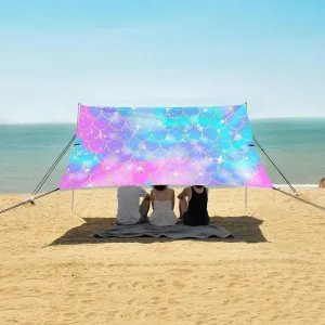 Mermaid Background Beach Canopy Tent Anti-UV & Wind Resistant, Glittering Fish Scales Camping Sun Shelter Easy Setup Portable,Outdoor Shade Tents with Sandbags,Sand Shovels,Ground Pegs & Stabili