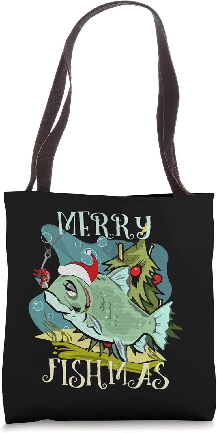Merry Fishmas Funny Christmas Fishing Lover Holiday Season Tote Bag