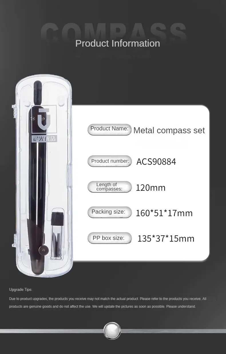 Metal Compass Set with 3 HB Lead Cores for Student Drawing & Exams