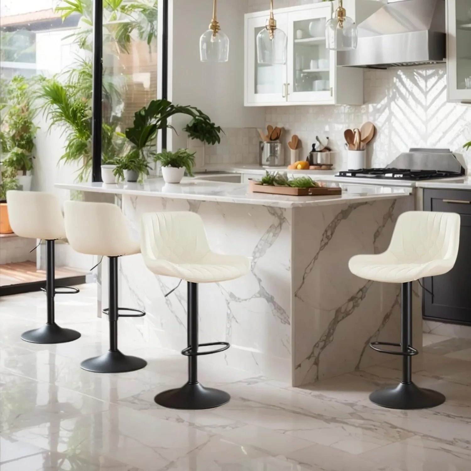 Modern Adjustable Bar Stools Set of 4,Swivel Backs with Faux Leather Counter Height for Kitchen Island Breakfast Bar Chairs Padded Seats for Bar(Beige)