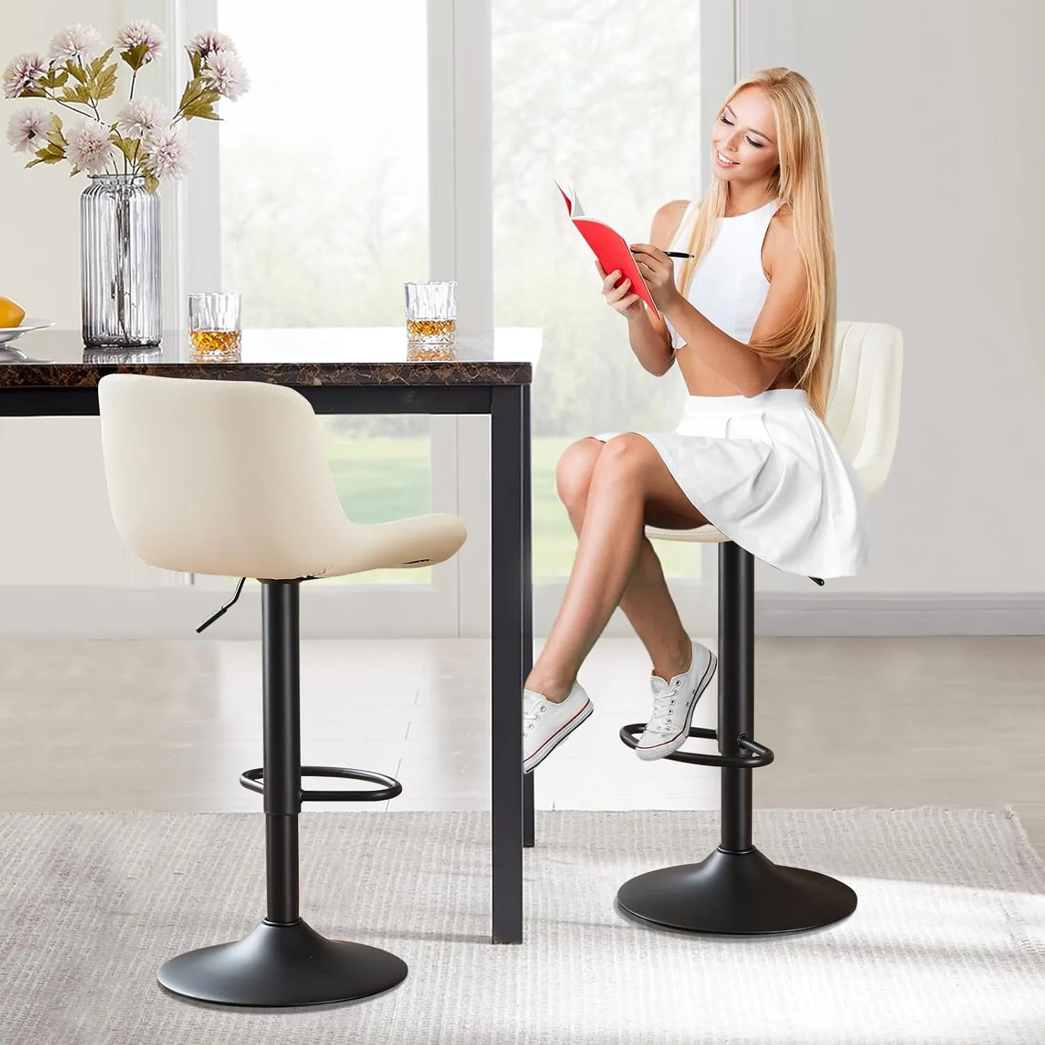 Modern Adjustable Bar Stools Set of 4,Swivel Backs with Faux Leather Counter Height for Kitchen Island Breakfast Bar Chairs Padded Seats for Bar(Beige)