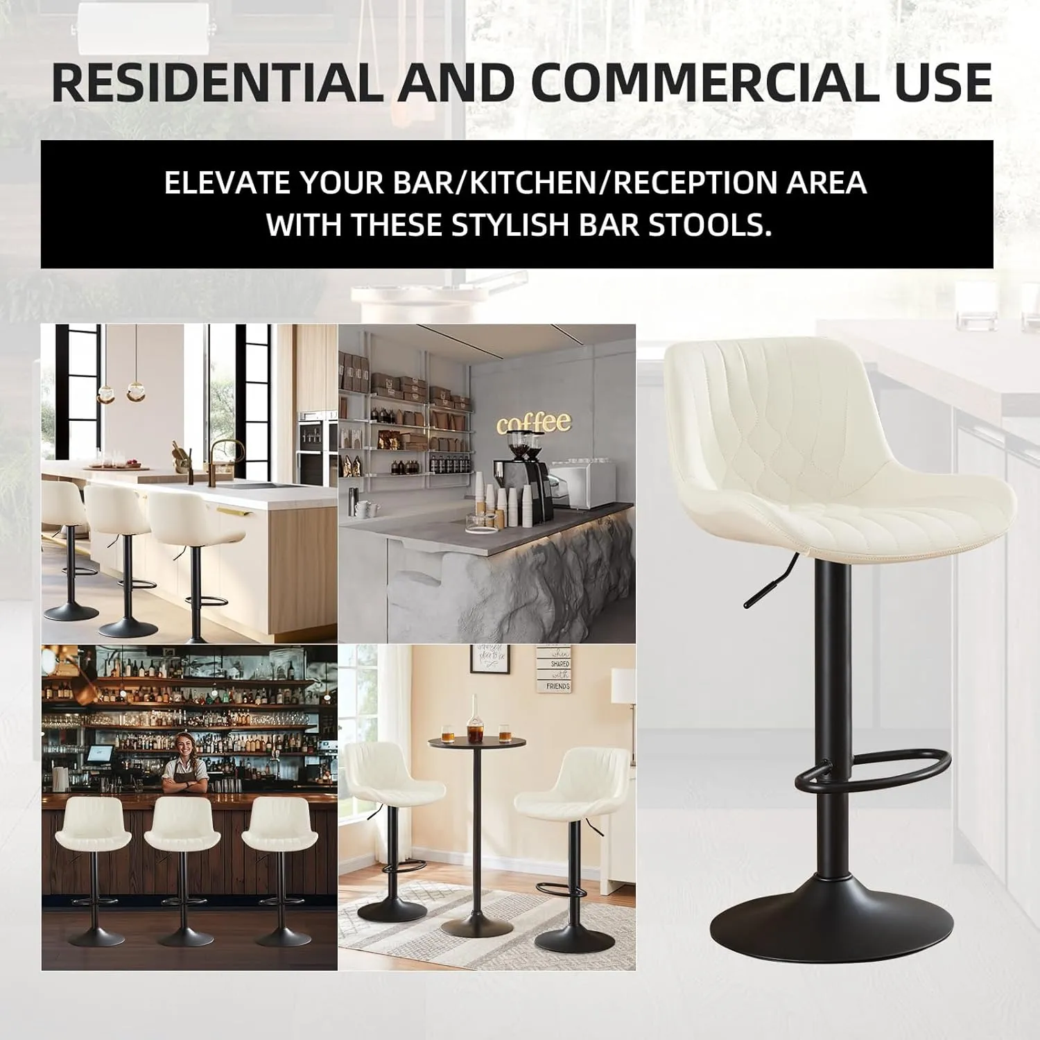 Modern Adjustable Bar Stools Set of 4,Swivel Backs with Faux Leather Counter Height for Kitchen Island Breakfast Bar Chairs Padded Seats for Bar(Beige)
