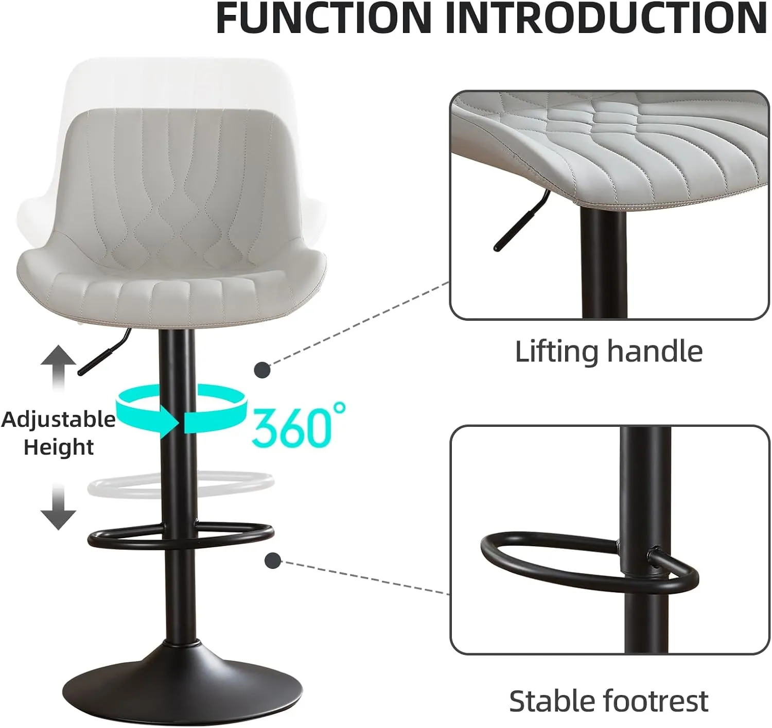 Modern Adjustable Bar Stools Set of 4,Swivel Backs with Faux Leather Counter Height for Kitchen Island Breakfast Bar Chairs Padded Seats for Bar.(Grey)