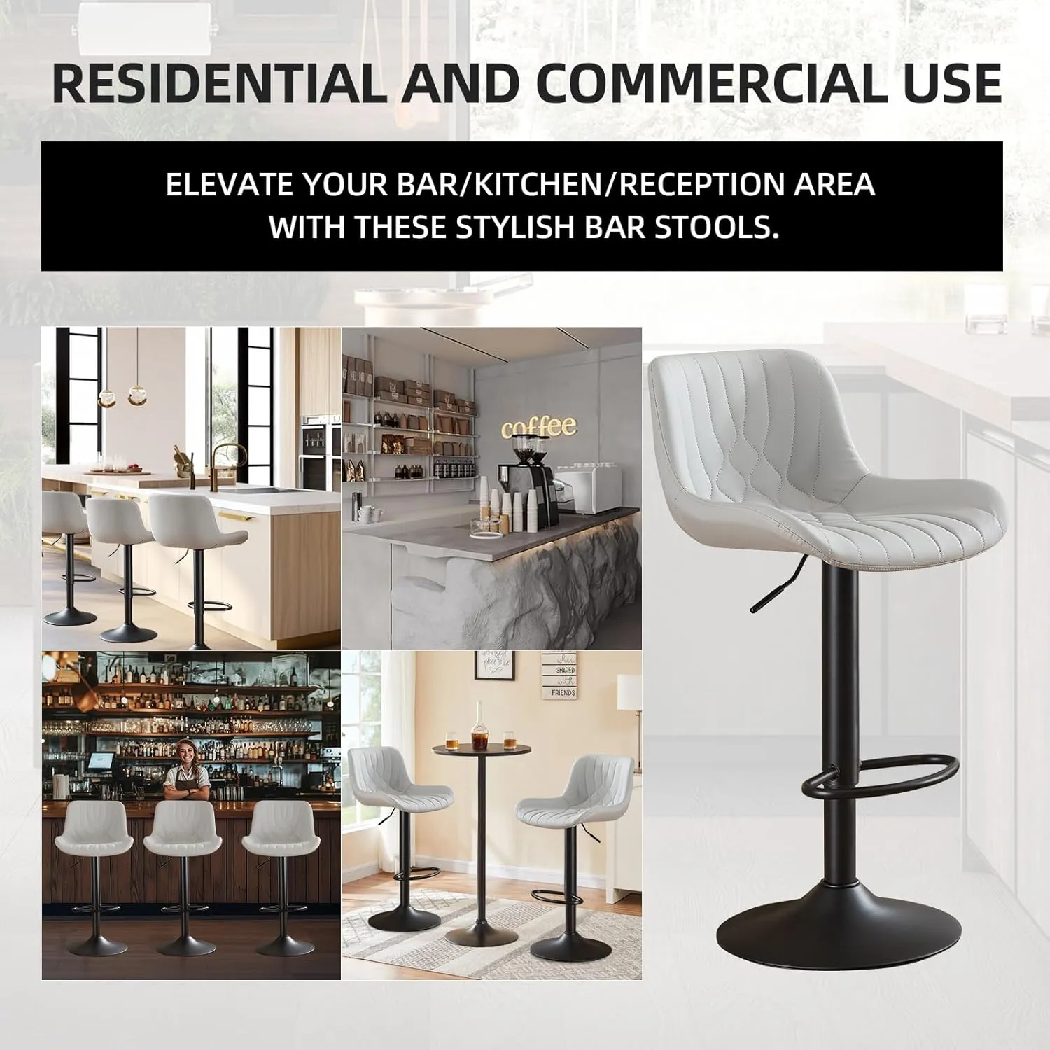 Modern Adjustable Bar Stools Set of 4,Swivel Backs with Faux Leather Counter Height for Kitchen Island Breakfast Bar Chairs Padded Seats for Bar.(Grey)
