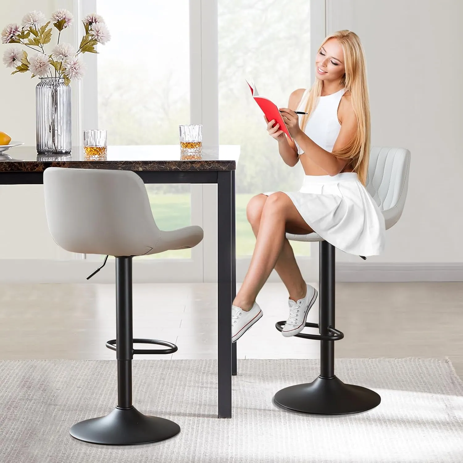 Modern Adjustable Bar Stools Set of 4,Swivel Backs with Faux Leather Counter Height for Kitchen Island Breakfast Bar Chairs Padded Seats for Bar.(Grey)