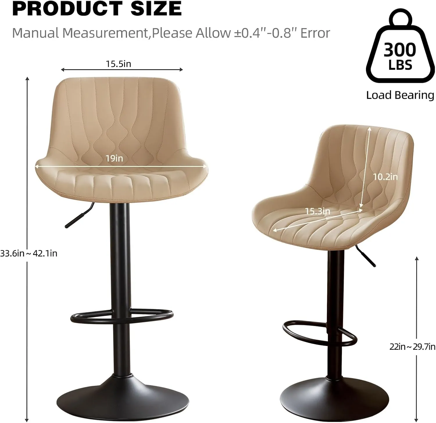 Modern Adjustable Bar Stools Set of 4,Swivel Backs with Faux Leather Counter Height for Kitchen Island Breakfast Bar Chairs Padded Seats for Bar(Khaki)