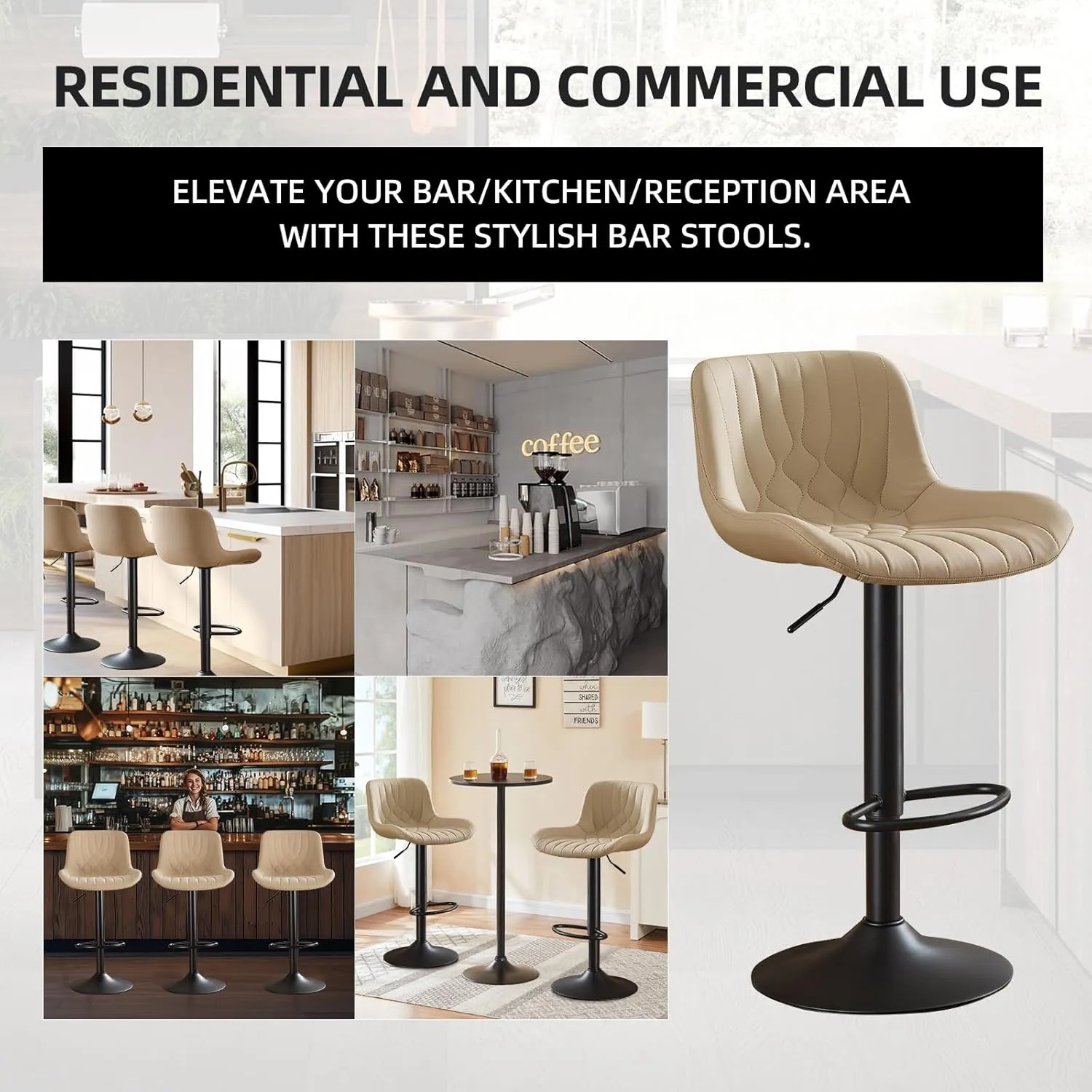 Modern Adjustable Bar Stools Set of 4,Swivel Backs with Faux Leather Counter Height for Kitchen Island Breakfast Bar Chairs Padded Seats for Bar(Khaki)