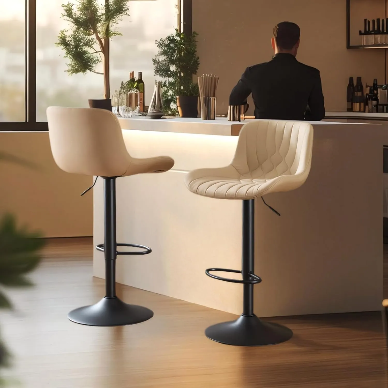 Modern Adjustable Bar Stools Set of 4,Swivel Backs with Faux Leather Counter Height for Kitchen Island Breakfast Bar Chairs Padded Seats for Bar(Khaki)