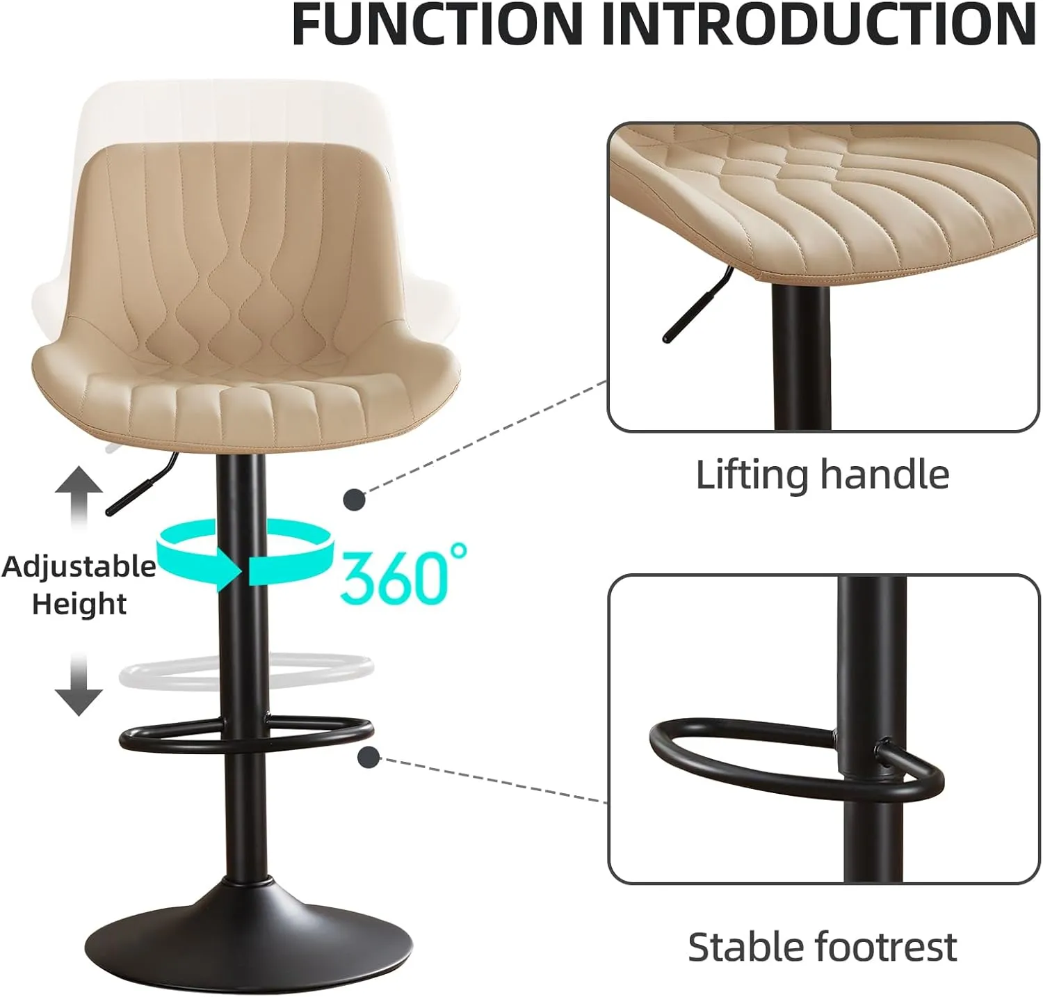 Modern Adjustable Bar Stools Set of 4,Swivel Backs with Faux Leather Counter Height for Kitchen Island Breakfast Bar Chairs Padded Seats for Bar(Khaki)