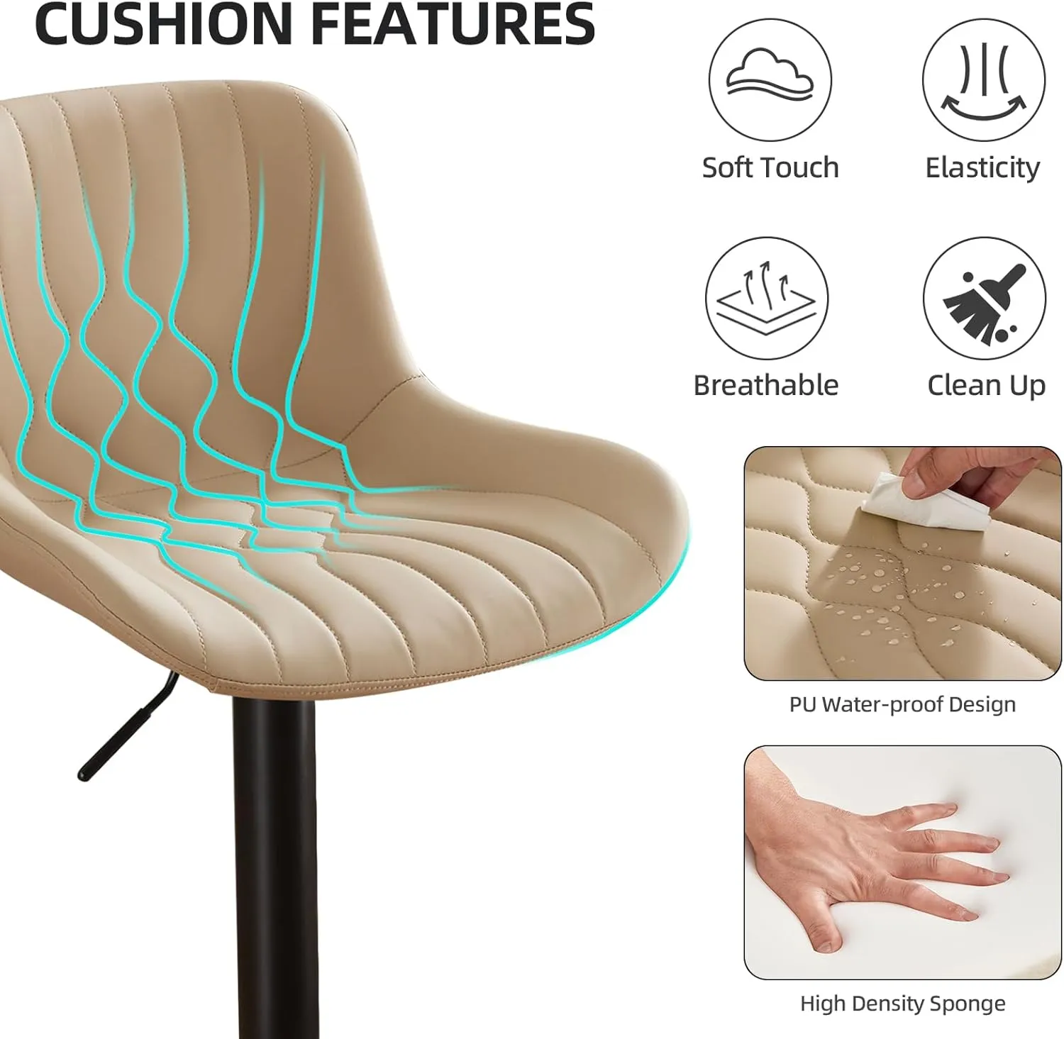 Modern Adjustable Bar Stools Set of 4,Swivel Backs with Faux Leather Counter Height for Kitchen Island Breakfast Bar Chairs Padded Seats for Bar(Khaki)