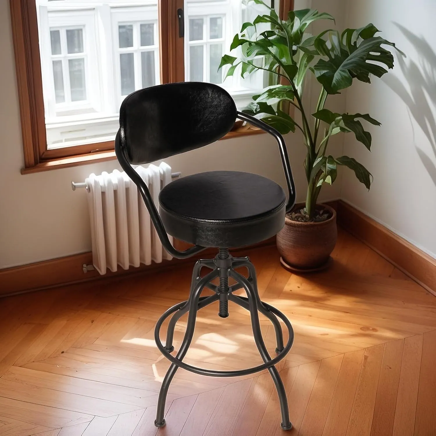 Modern Industrial Bar Stool with Backrest, Armrests, Footrest - Flexible Swivel Seat & Adjustable Height 21.7"-25.6" - Soft Cushion & Smooth Leather - Stylish Black - Metal Frame Home Bar Chair