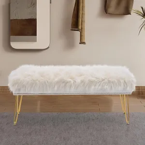 Modern Upholstered Ottoman Rivet End of Bed Bench, Faux Fur Vanity Stools with Padded Seat and Gold Metal Legs, Foot Rest Stool for Living Room, Entryway, Rectangular Accent Bench
