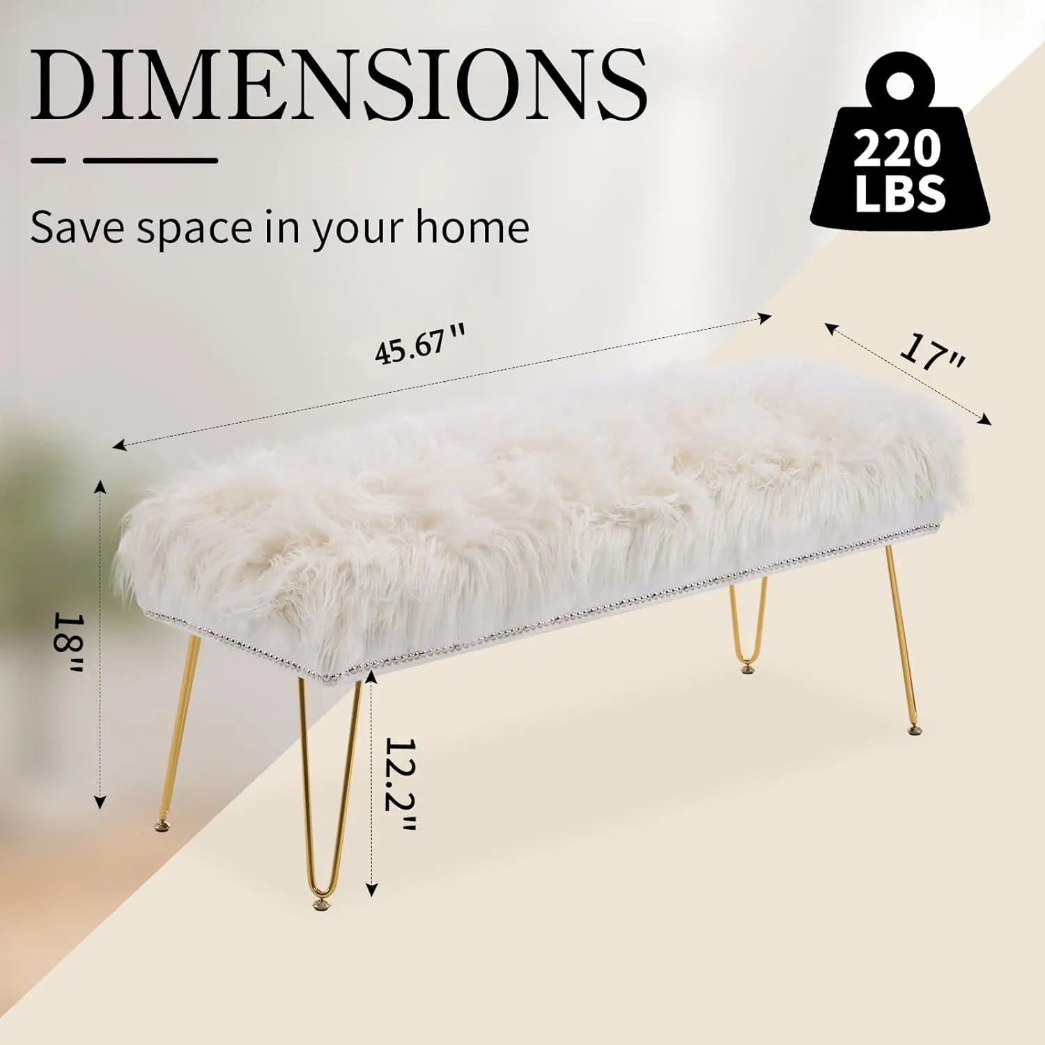 Modern Upholstered Ottoman Rivet End of Bed Bench, Faux Fur Vanity Stools with Padded Seat and Gold Metal Legs, Foot Rest Stool for Living Room, Entryway, Rectangular Accent Bench