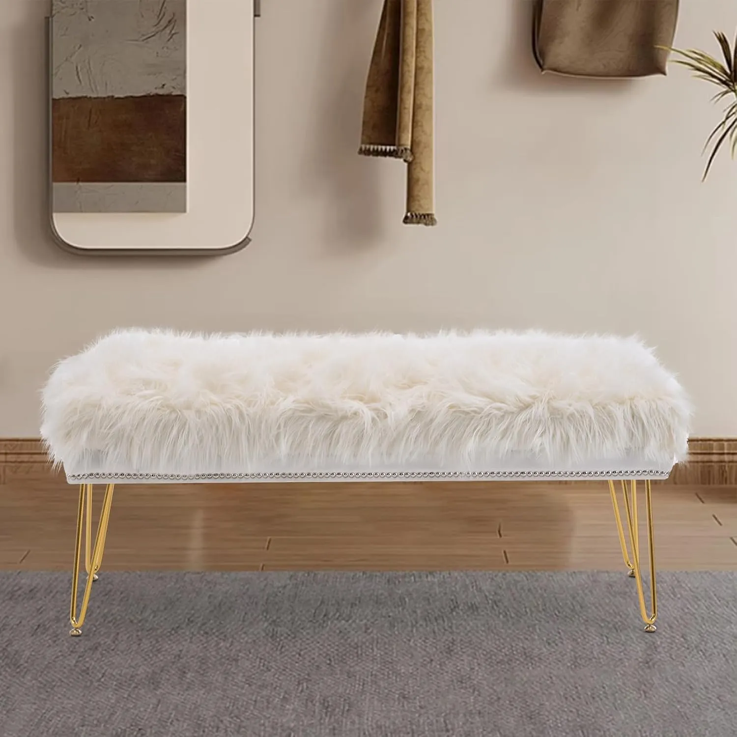 Modern Upholstered Ottoman Rivet End of Bed Bench, Faux Fur Vanity Stools with Padded Seat and Gold Metal Legs, Foot Rest Stool for Living Room, Entryway, Rectangular Accent Bench