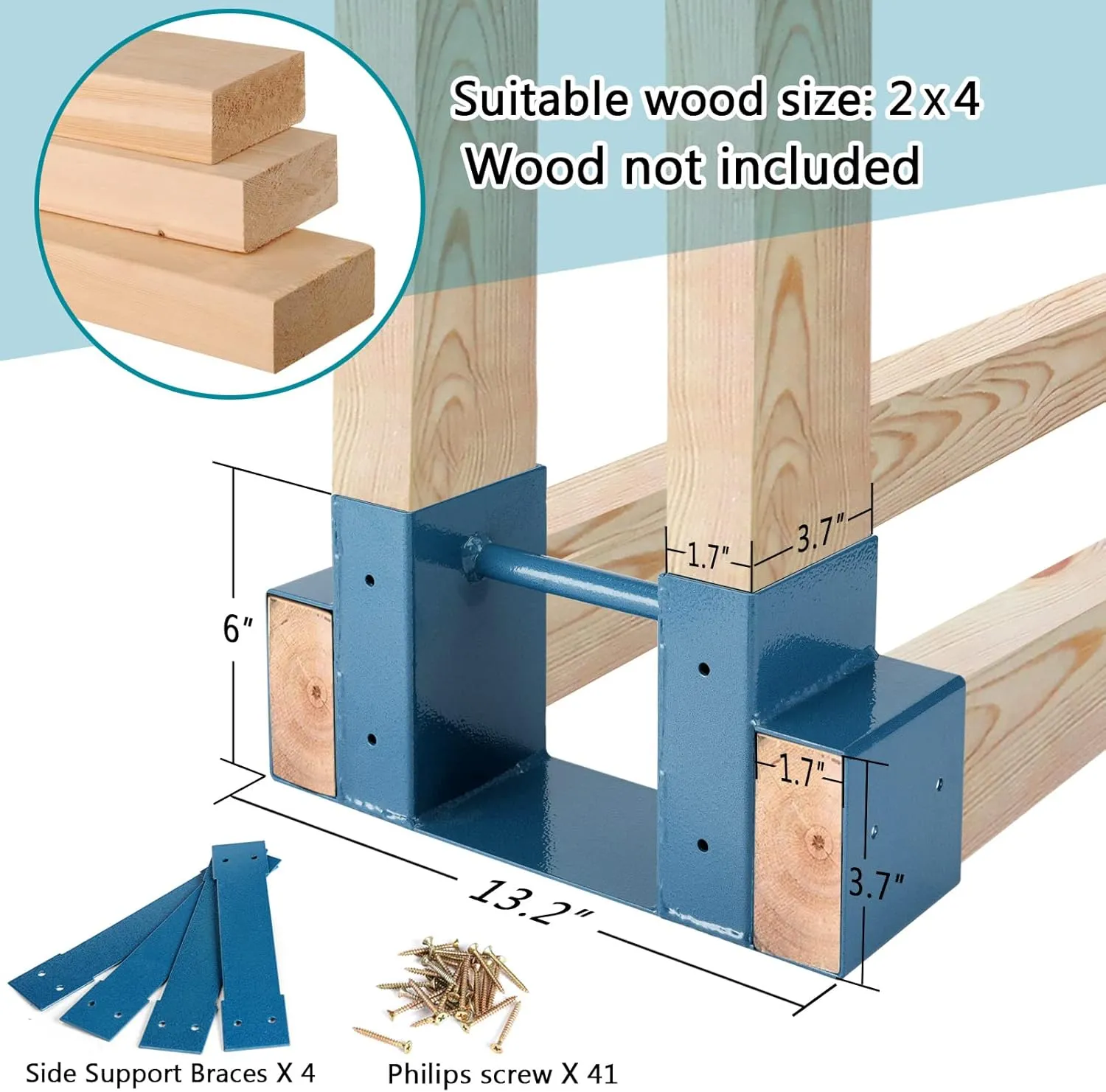 MOFEEZ Outdoor Firewood Log Storage Rack 2x4 Bracket Kit, Fireplace Wood Storage Holder, Adjustable to Any Length - Dark Blue, Two Bases