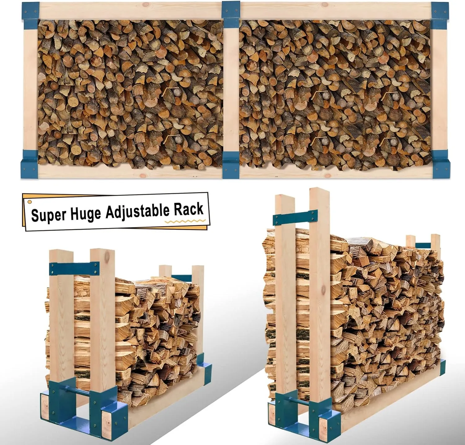 MOFEEZ Outdoor Firewood Log Storage Rack 2x4 Bracket Kit, Fireplace Wood Storage Holder, Adjustable to Any Length - Dark Blue, Two Bases