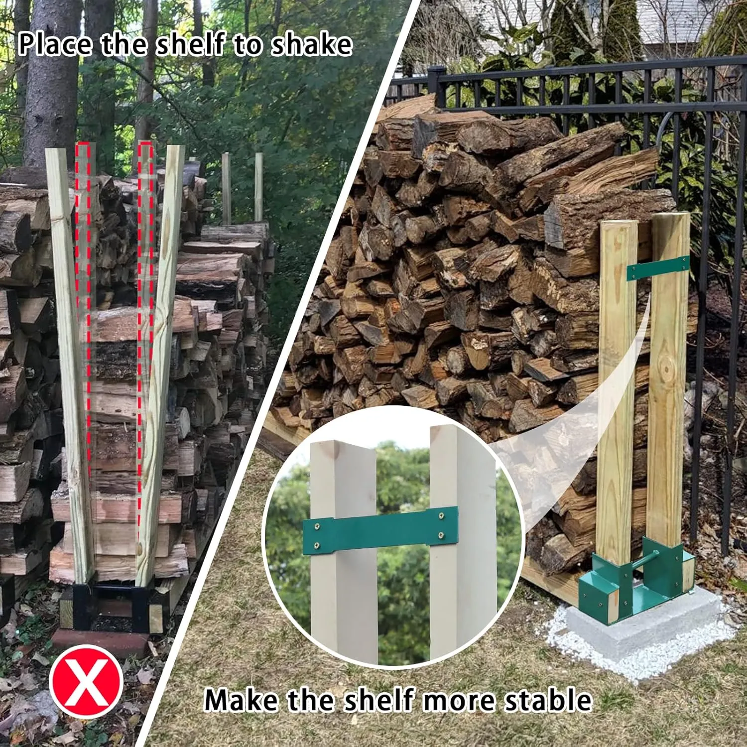 MOFEEZ Outdoor Firewood Log Storage Rack 2x4 Bracket Kit, Fireplace Wood Storage Holder, Adjustable to Any Length - Green, Two Bases