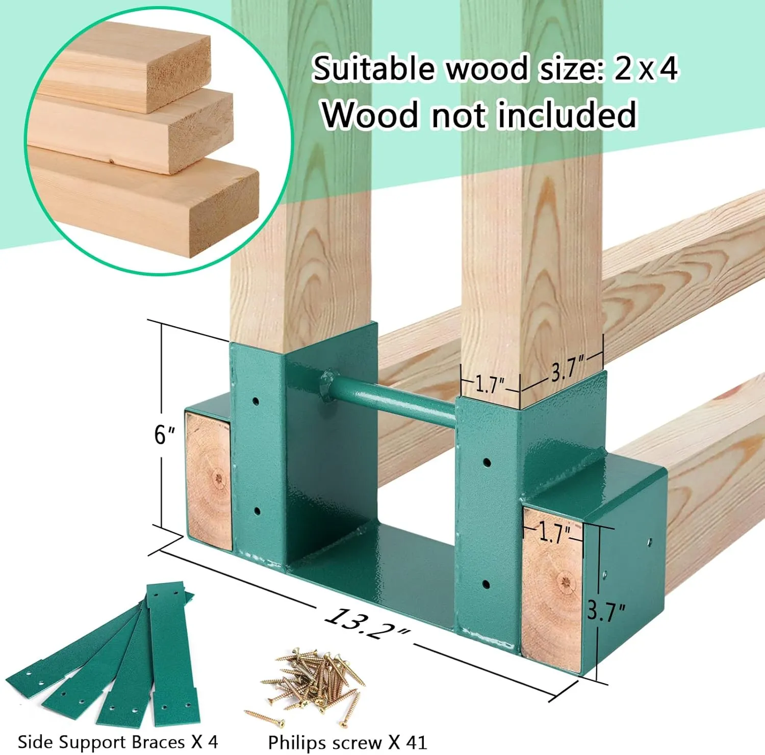 MOFEEZ Outdoor Firewood Log Storage Rack 2x4 Bracket Kit, Fireplace Wood Storage Holder, Adjustable to Any Length - Green, Two Bases