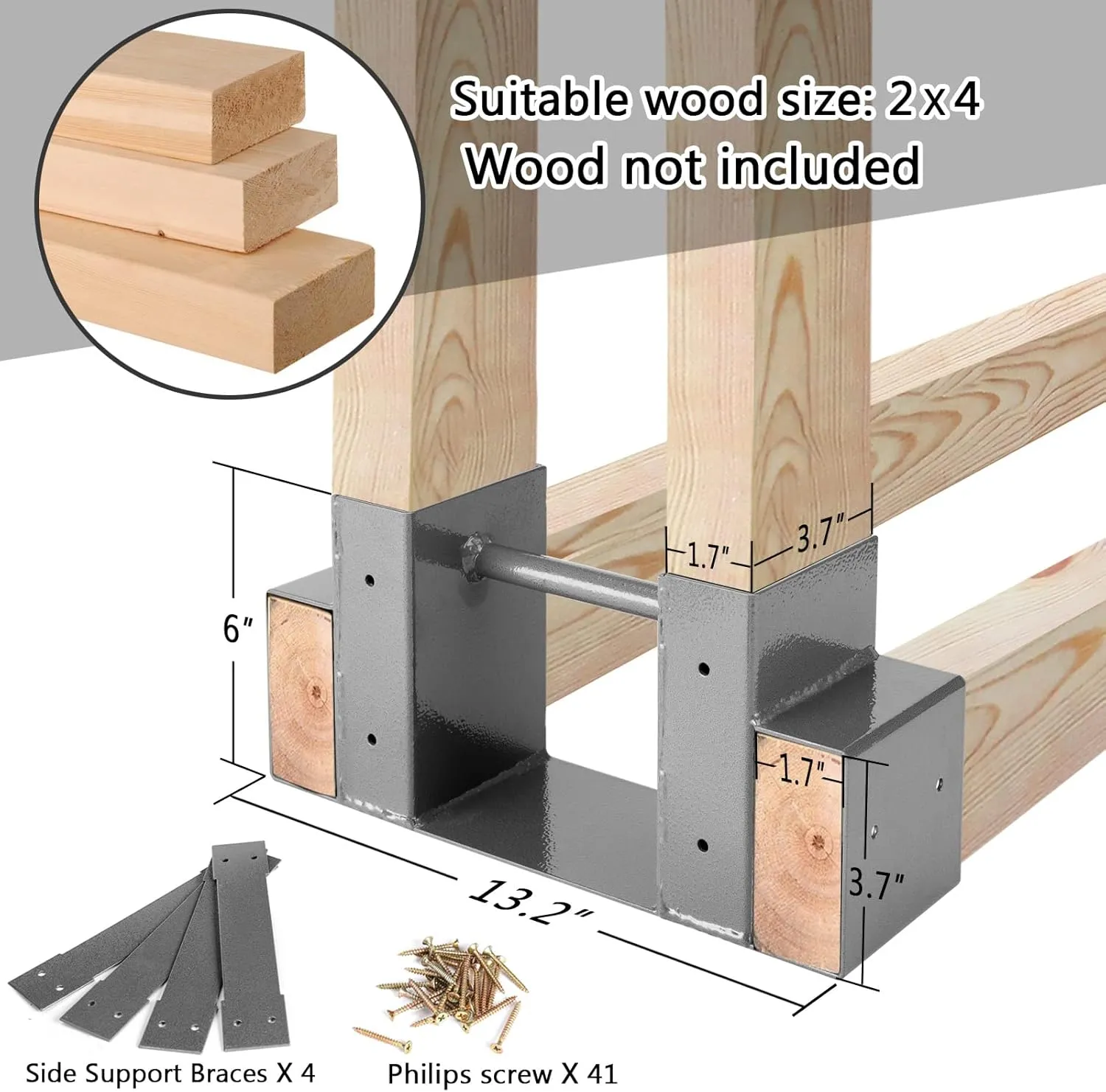 MOFEEZ Outdoor Firewood Log Storage Rack 2x4 Bracket Kit, Fireplace Wood Storage Holder, Adjustable to Any Length - Grey, Two Bases