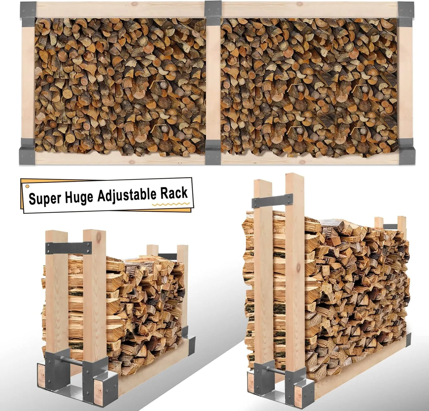 MOFEEZ Outdoor Firewood Log Storage Rack 2x4 Bracket Kit, Fireplace Wood Storage Holder, Adjustable to Any Length - Grey, Two Bases