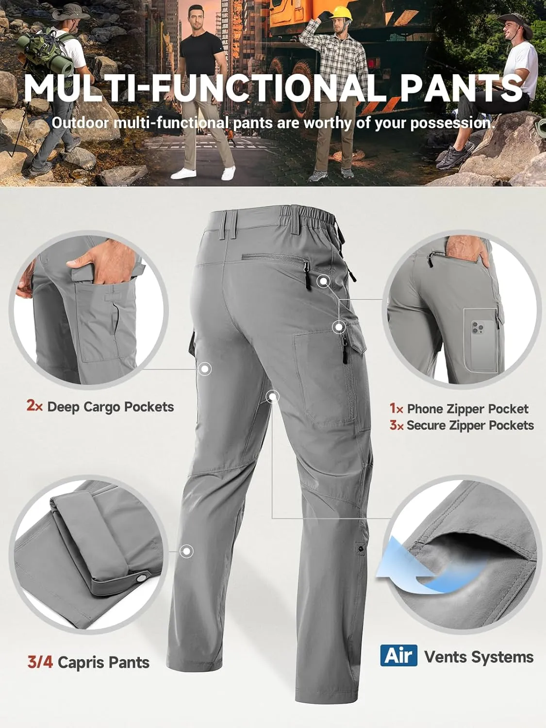 Moosehill Men's Hiking Cargo Pants Lightweight Water-Resistant Quick Dry for Tactical Work Fishing Golf Travel Outdoor Casual