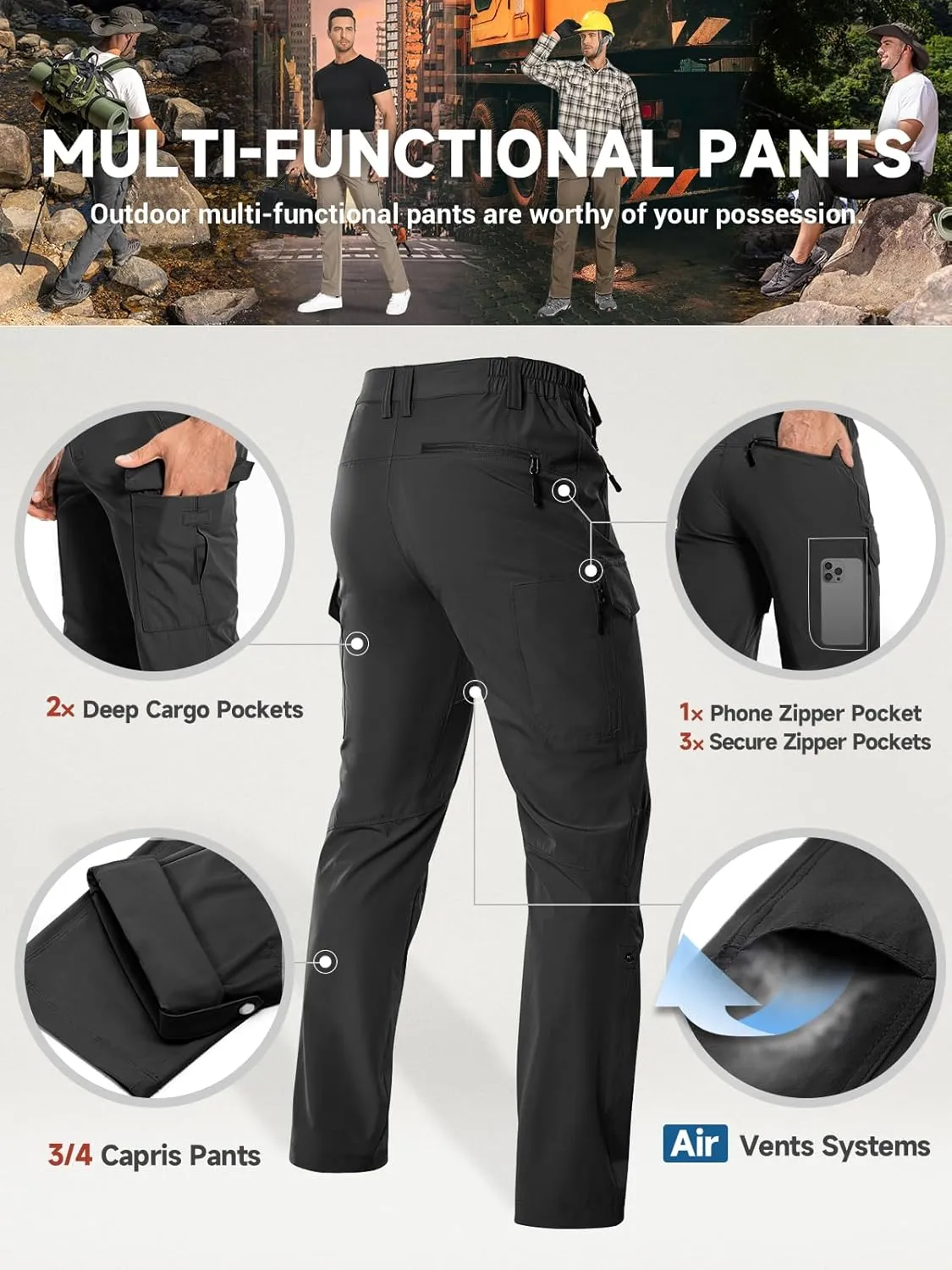 Moosehill Men's Hiking Cargo Pants Lightweight Water-Resistant Quick Dry for Tactical Work Fishing Golf Travel Outdoor Casual