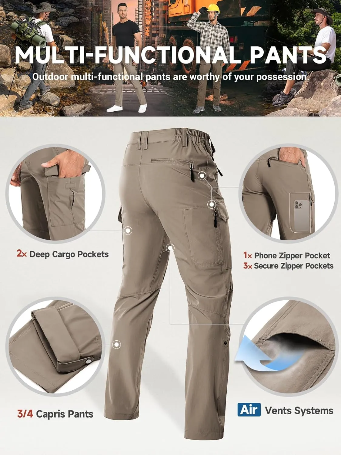 Moosehill Men's Hiking Cargo Pants Lightweight Water-Resistant Quick Dry for Tactical Work Fishing Golf Travel Outdoor Casual